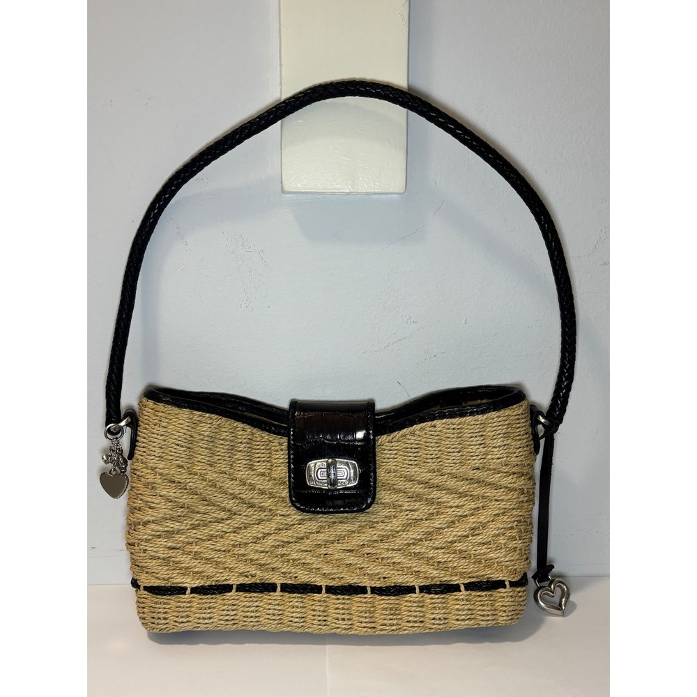 Brighton Woven Straw Shoulder Bag Black Croc Leather Trim Heart Charms Floral - Picture 1 of 16